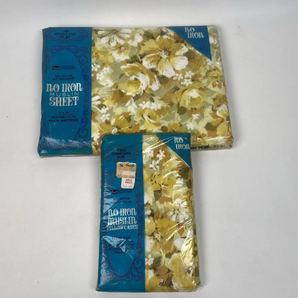 GRANTS Home Full Flat Sheet Std Pillowcases Yellow Flowers Muslin Fabric No Iron